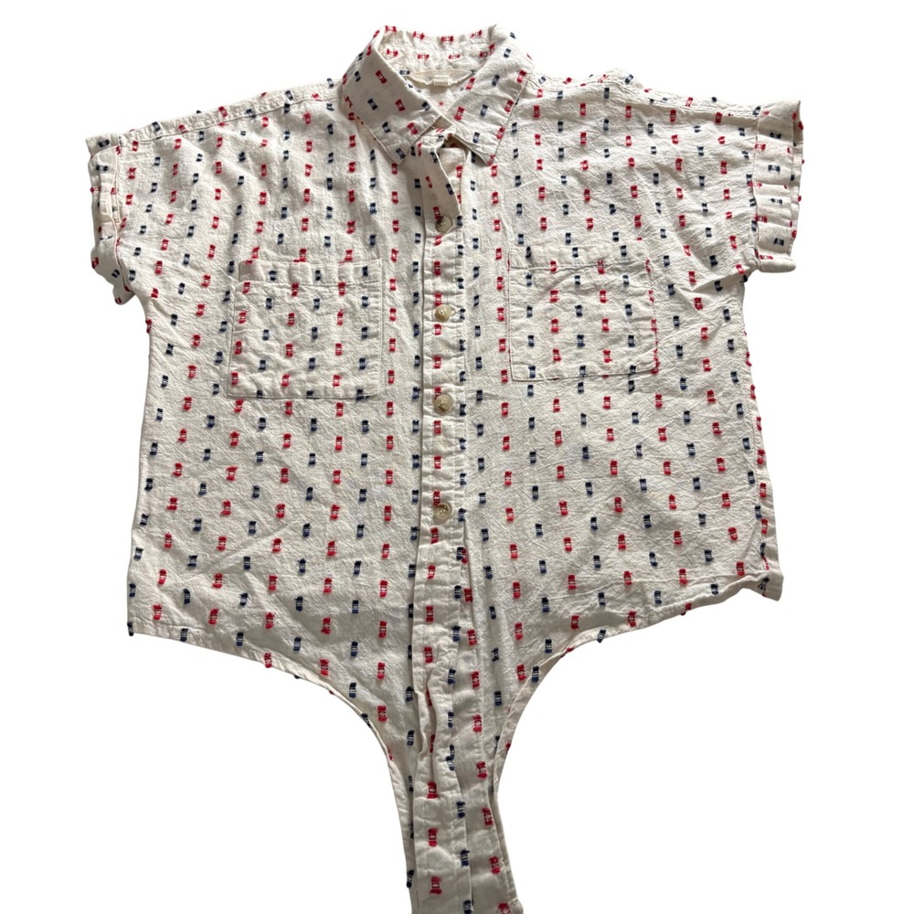 Sim & Sam White Clip Dot Embroidered Tie Front Button Down Shirt Small Red Blue